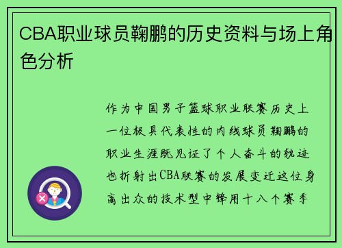 CBA职业球员鞠鹏的历史资料与场上角色分析