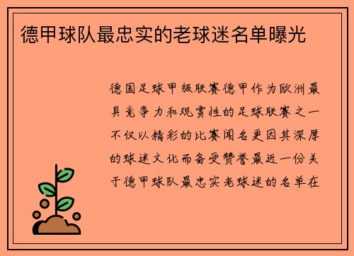 德甲球队最忠实的老球迷名单曝光